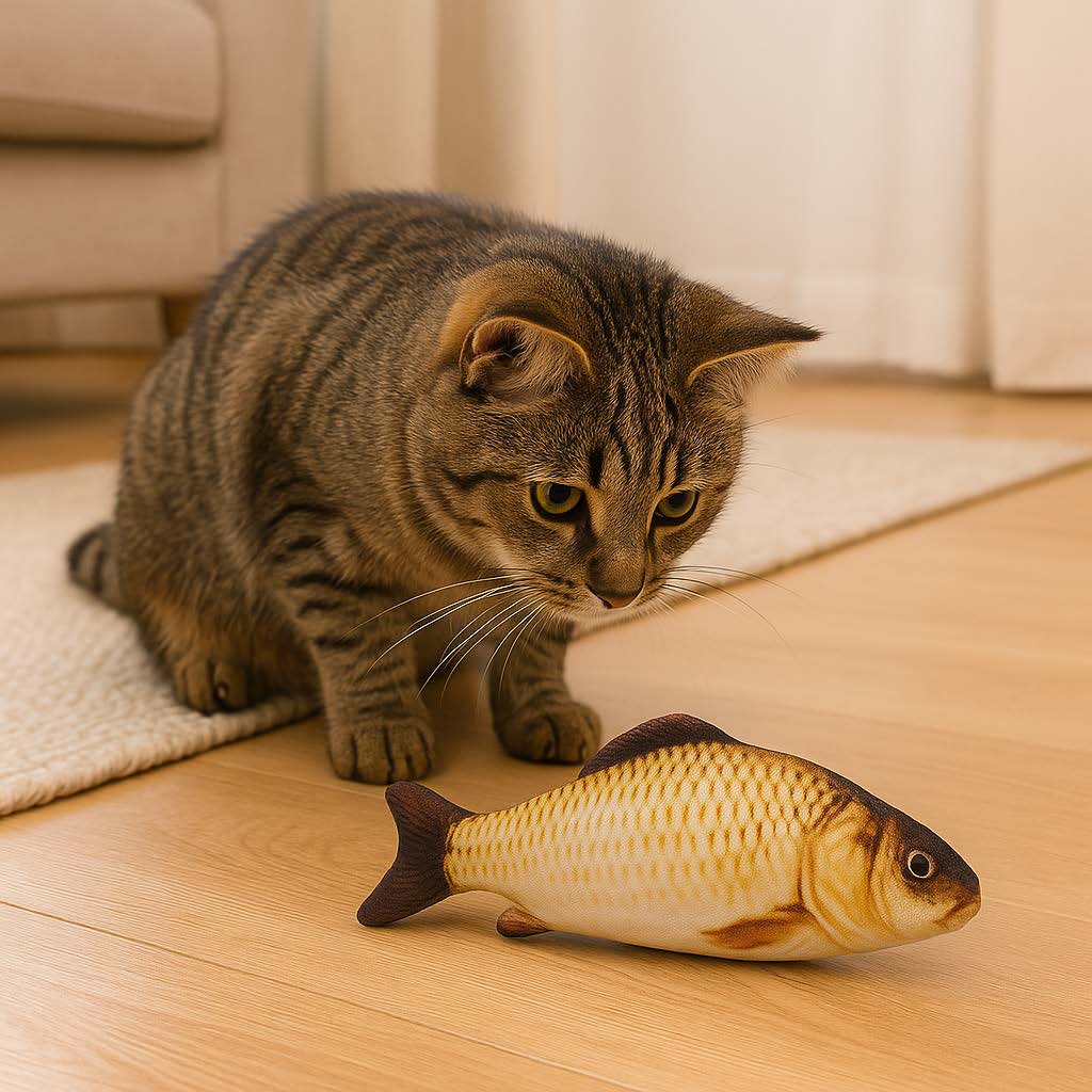 Cat playing with a fish-shaped toy on a wooden floor.