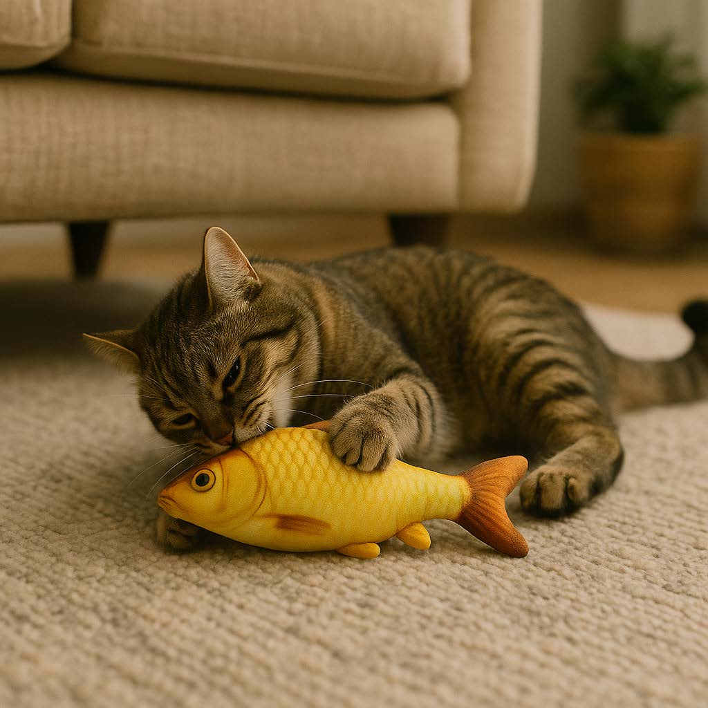 Cat playing with a yellow fish-shaped toy on a carpeted floor.