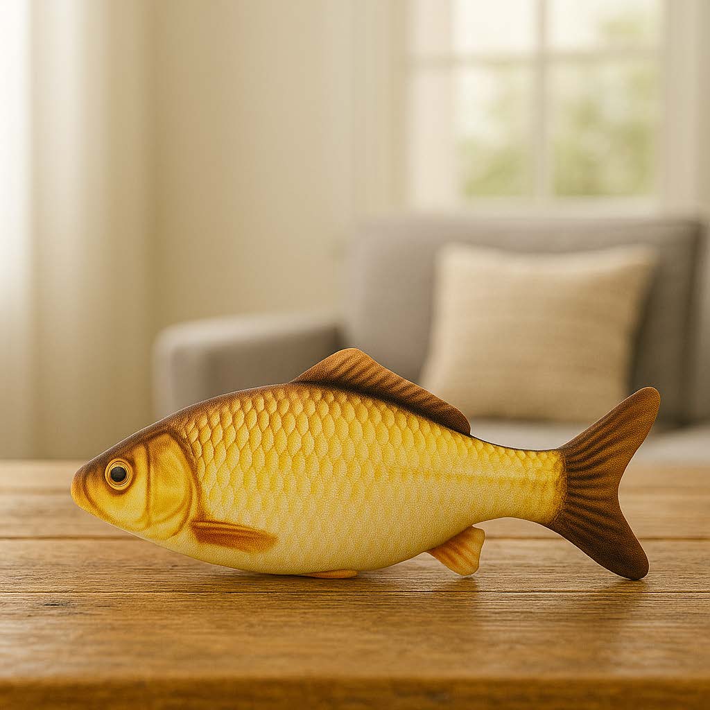 Goldfish-shaped decorative item on a wooden surface with a blurred indoor background