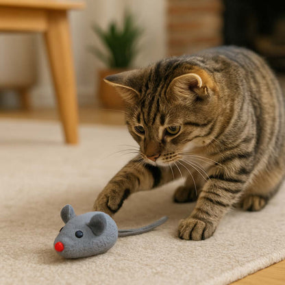 Tabby cat playing with a toy mouse on a carpeted floor.