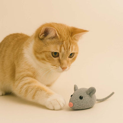 Cat playing with a gray mouse-shaped toy on a beige background