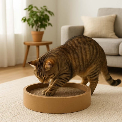 Cat using a round cat scratcher in a cozy living room.