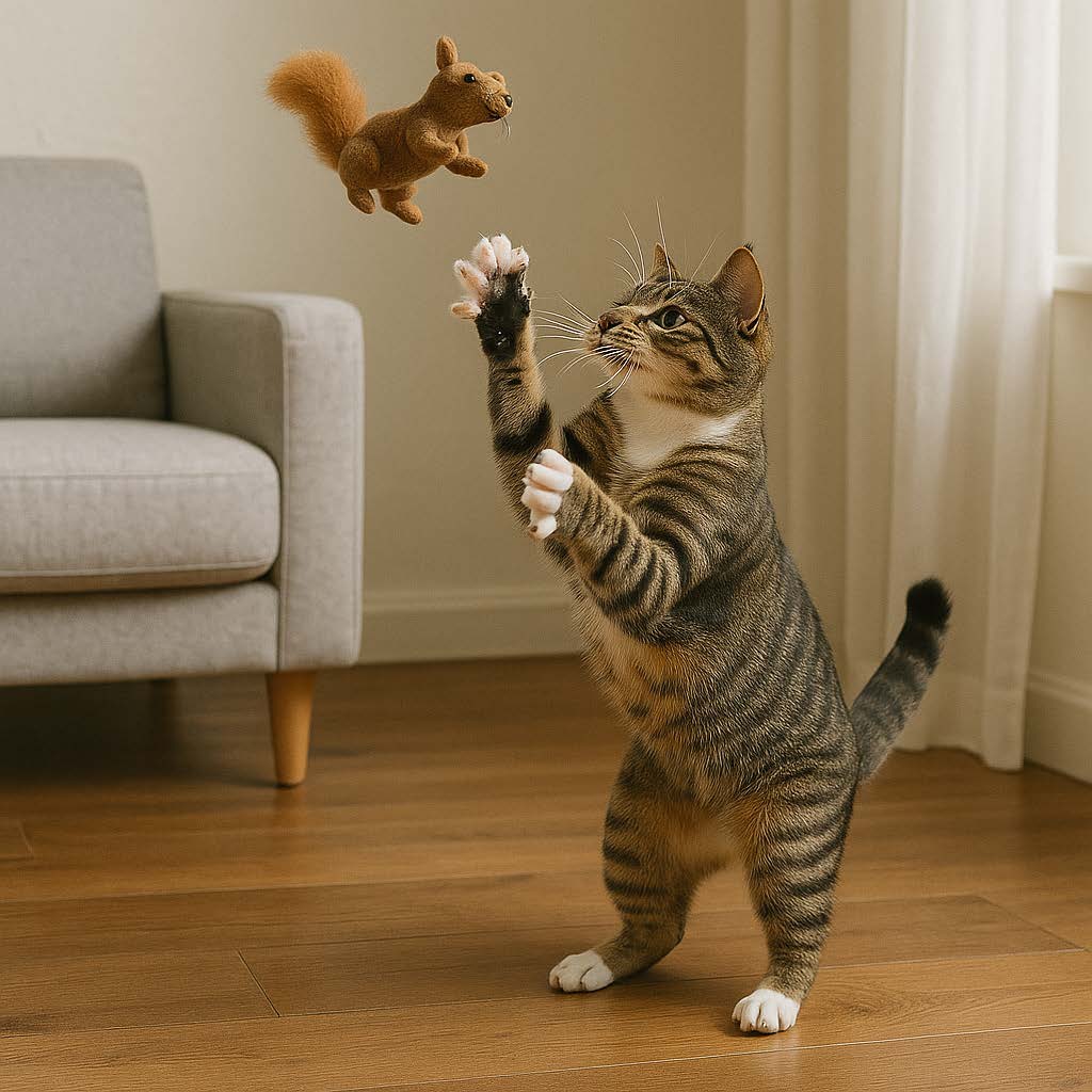 Cat playing with a squirrel toy on a wooden floor.
