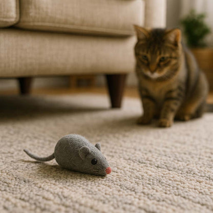 Cat playing with a toy mouse on a carpeted floor.