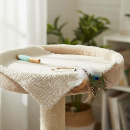 Cat tree with a feather toy on a soft surface, surrounded by plants and furniture.