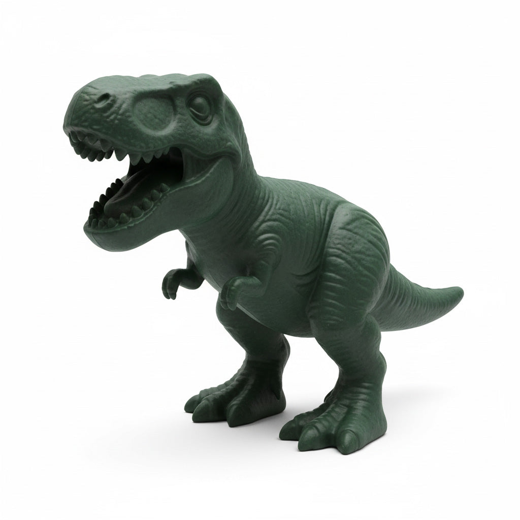 Green toy T-Rex dinosaur dog toy on a white background