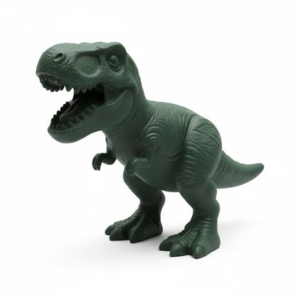 Green toy T-Rex dinosaur dog toy on a white background