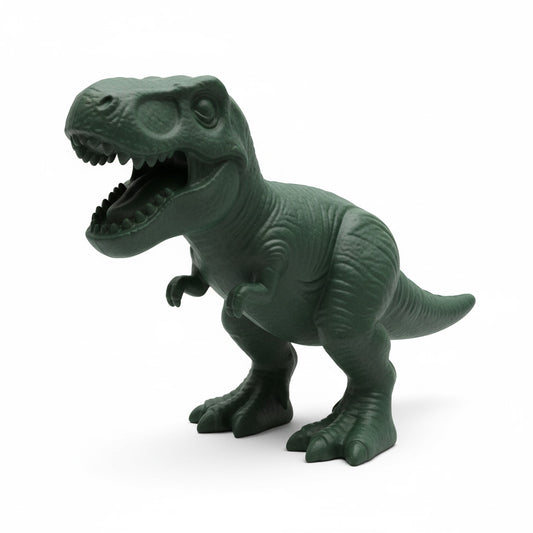 Green toy T-Rex dinosaur dog toy on a white background