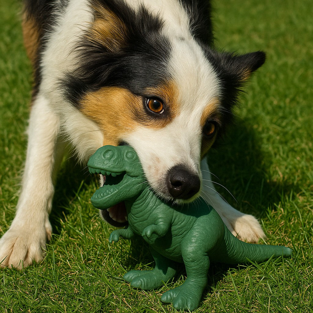 Dog playing with a green dinosaur toy on grass