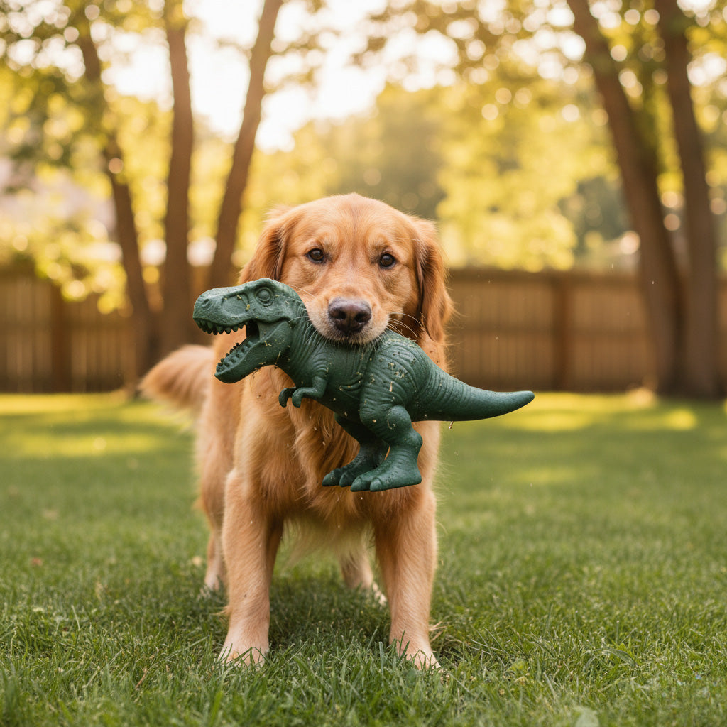 Dog holding a green dinosaur toy in a grassy outdoor setting