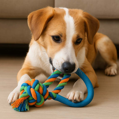 Dog playing with a colorful rope toy on a wooden floor.