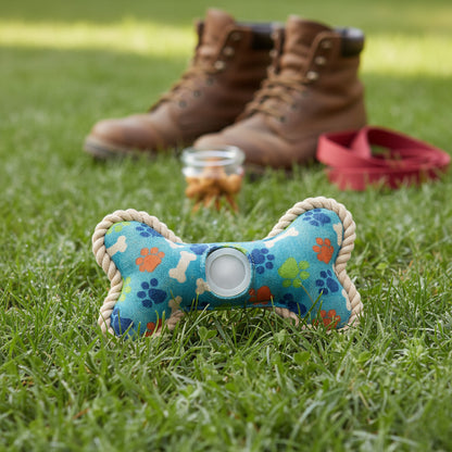 Dog toy shaped like a bone with floral patterns on grass, with boots and treats in the background.