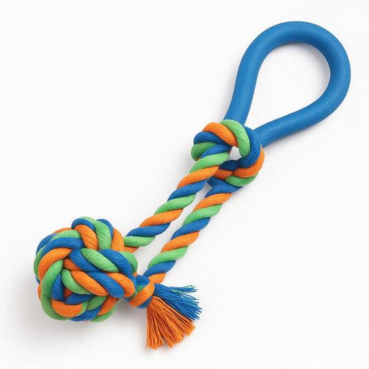 Colorful dog rope toy with a knot on a white background