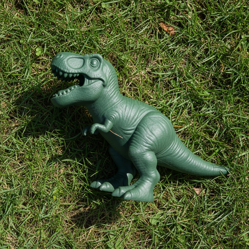 Green dinosaur toy on grass